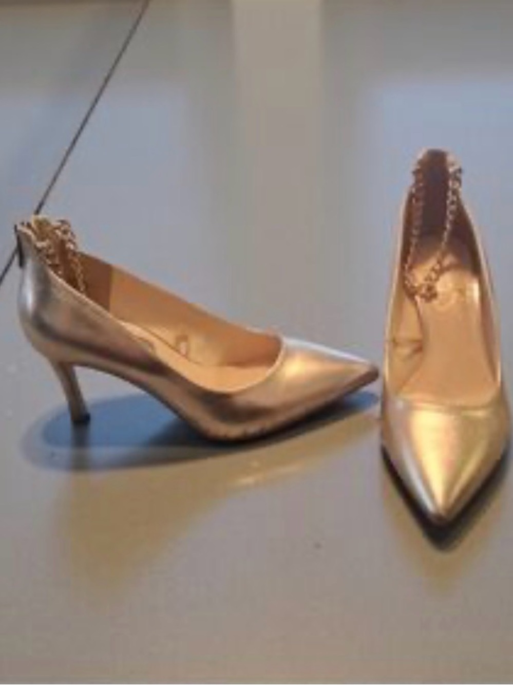 Jessica Simpson Metallic Silver Pointed-Toe Mid Heel Pumps with Chain